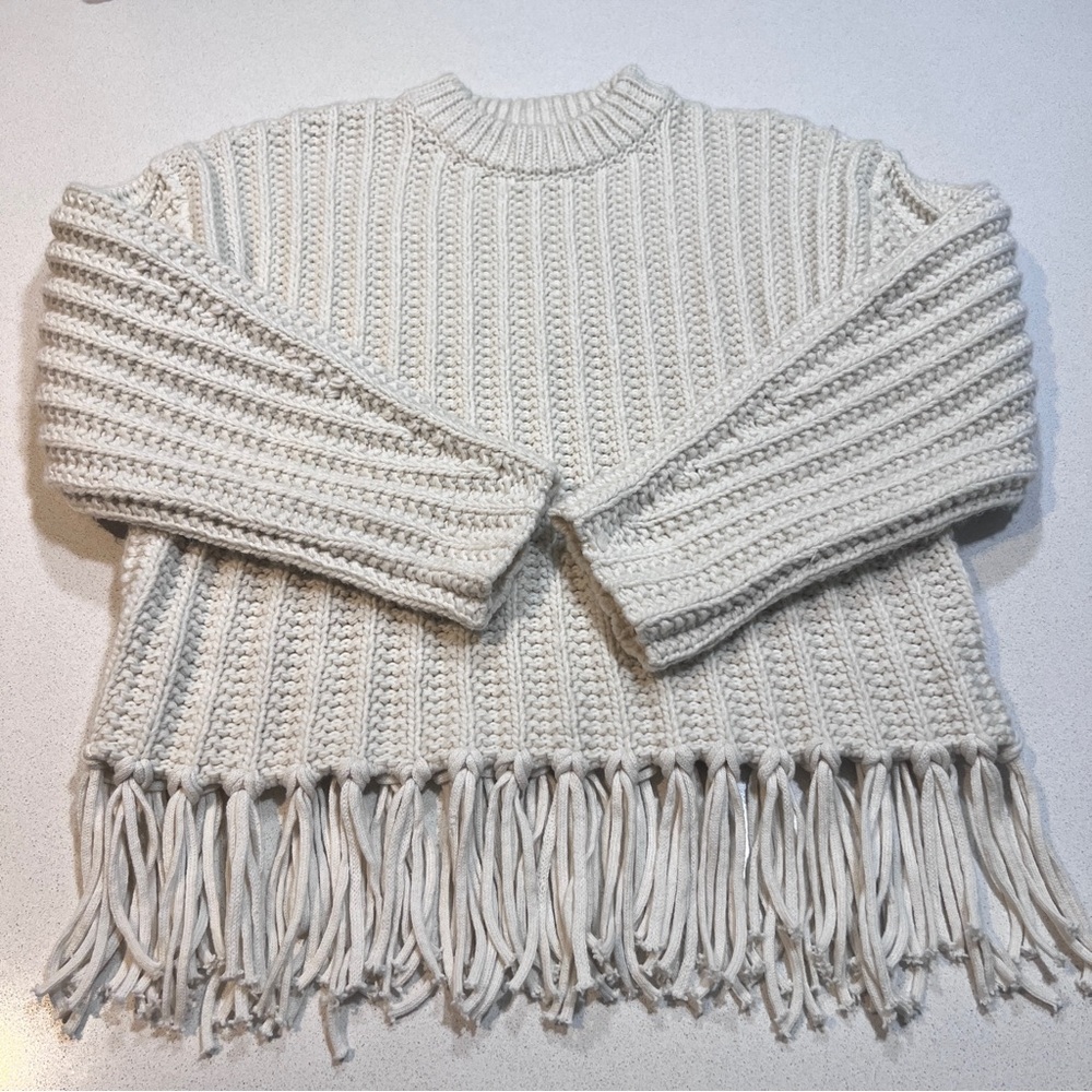 H&M Cream Ribbed Fringe Crewneck Sweater